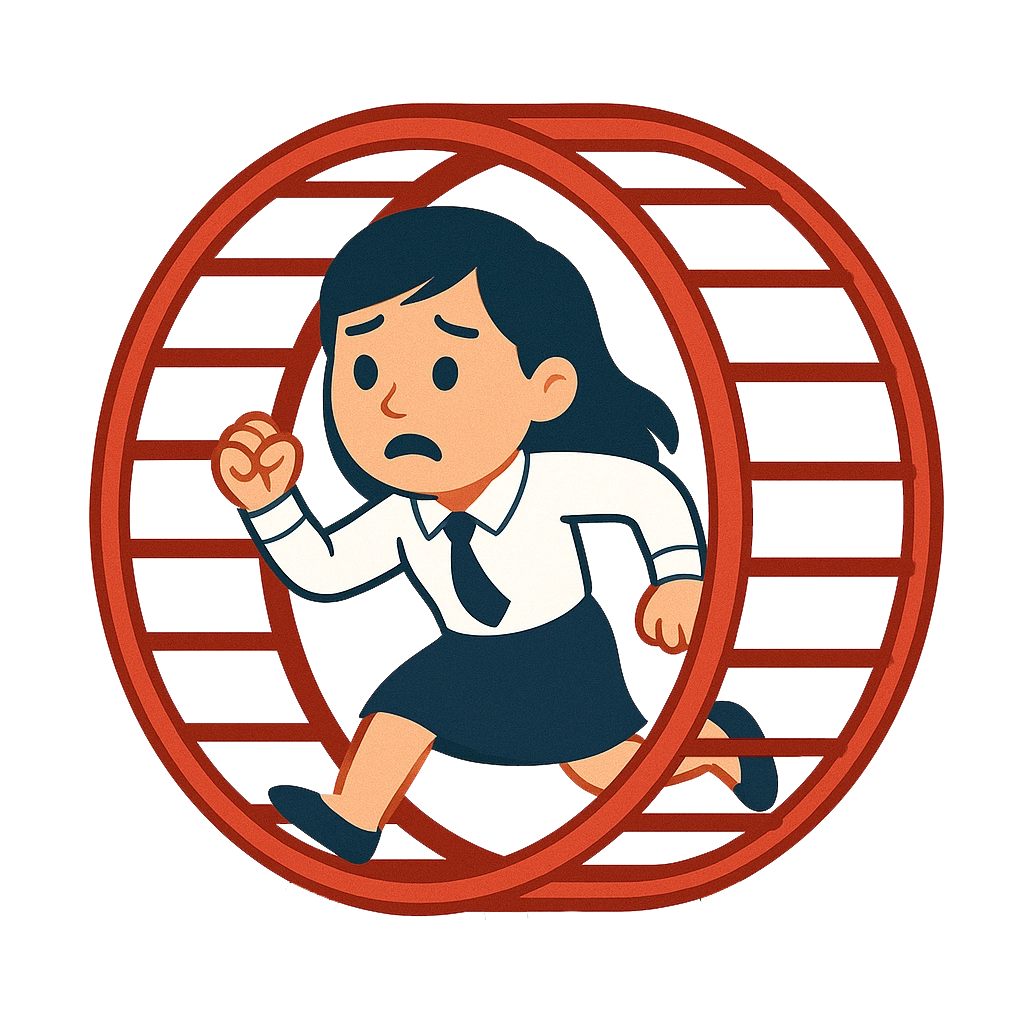Illustration eines gestressten Mannes im Hamsterrad als Symbol für sinnloses Training ohne den strukturierten Plan eines Personal Trainers.