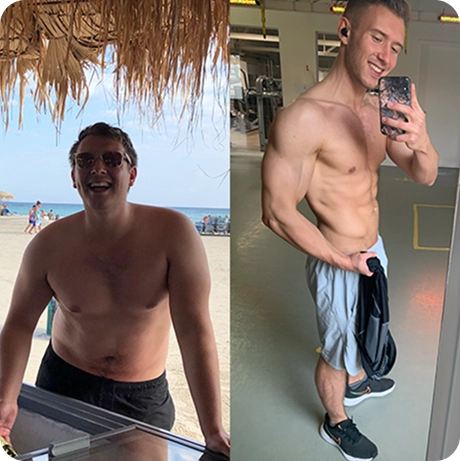 Die Vorher-Nachher-Transformation von Personal Coach Jonas Merkl: Sein Weg zur erfolgreichen Gewichtsreduktion von 30 kg als Beweis für gesundes Abnehmen.