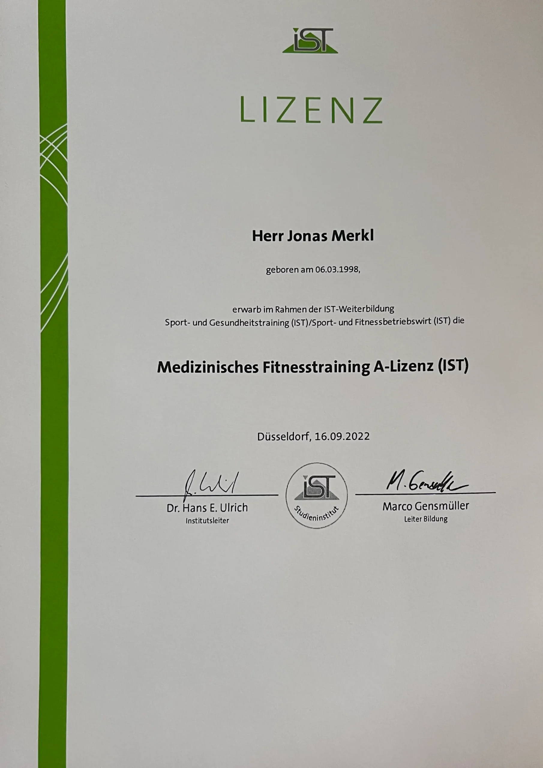 ein Bild einer abgeschlossenen medizinisches Fitnesstraining A-Lizenz