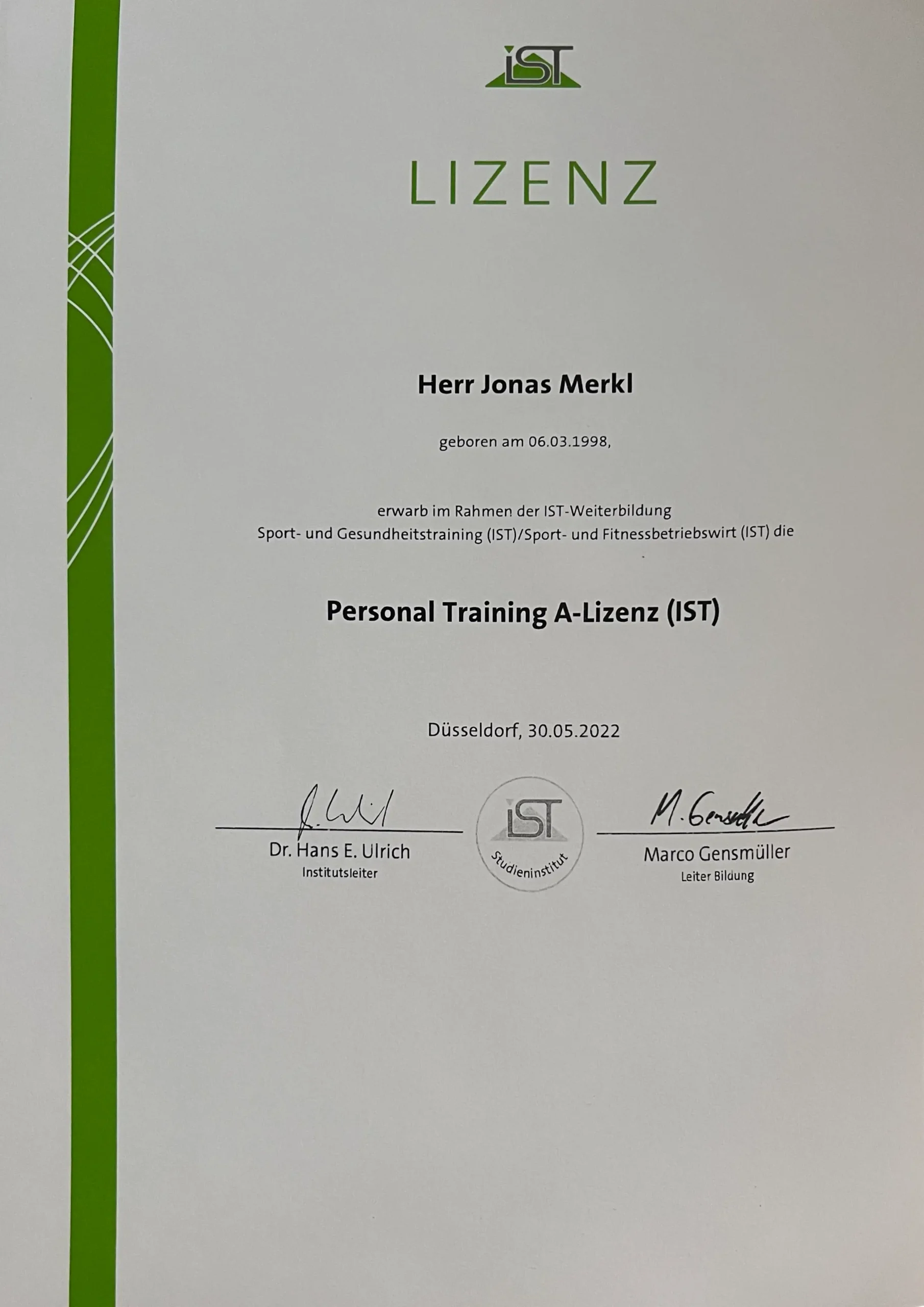 ein Bild einer abgeschlossenen Personal Training A-Lizenz