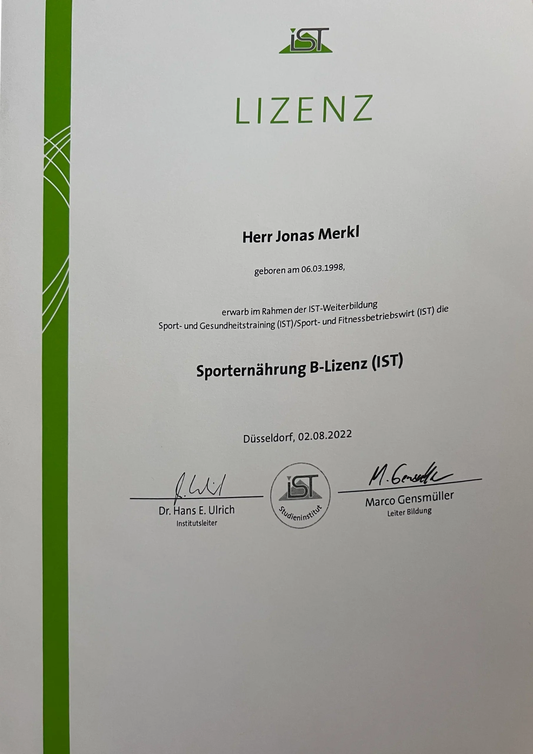 ein Bild einer abgeschlossenen Sporternährung B-Lizenz