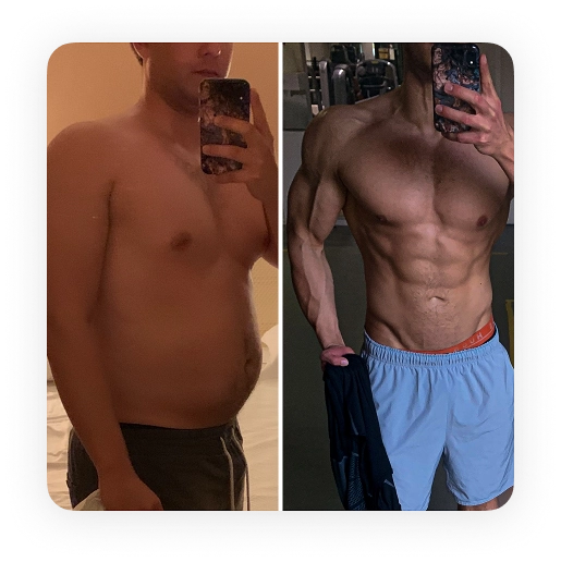 Vorher-Nachher-Transformation von Fitness Trainer Jonas Merkl, die seinen erfolgreichen Weg zum Muskelaufbau und Abnehmen als Basis für sein Personal Coaching in Weiden zeigt.