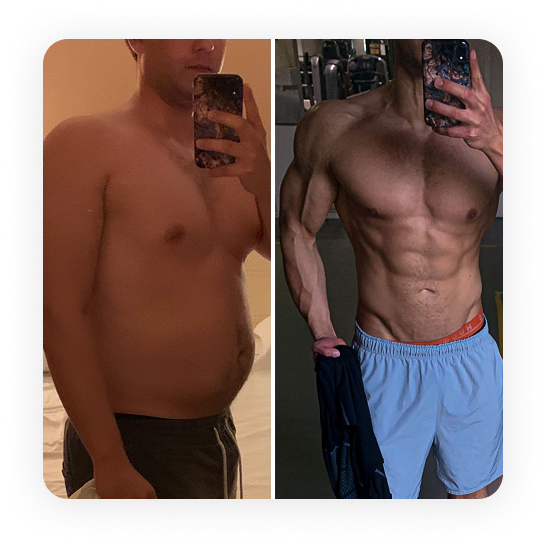 Vorher-Nachher-Transformation von Fitness Trainer Jonas Merkl, die seinen erfolgreichen Weg zum Muskelaufbau und Abnehmen als Basis für sein Personal Coaching in Weiden zeigt.
